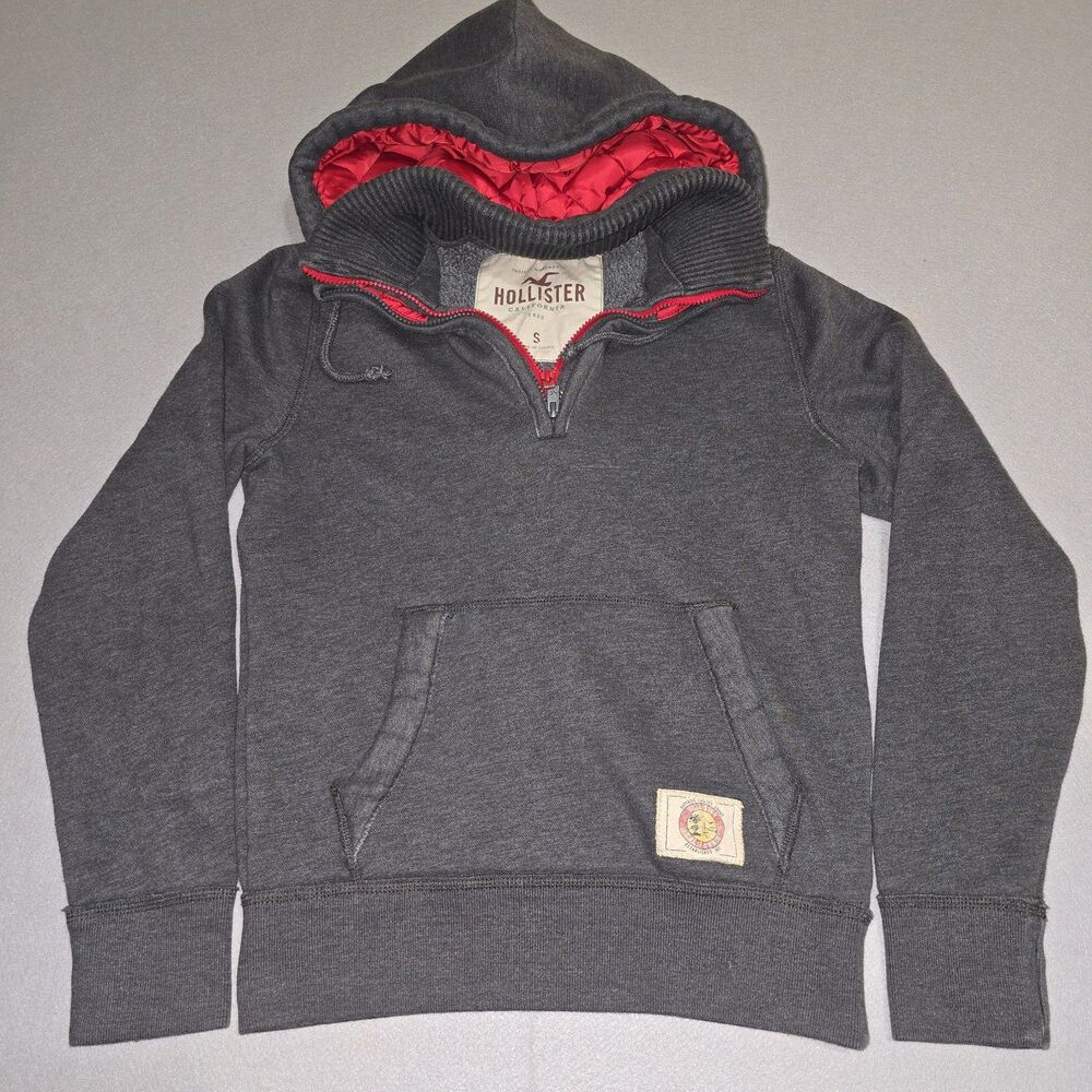 Y2K Hollister Hoodie Men's Gray Pullover Sweatshirt Double Neck & Zip Size Small